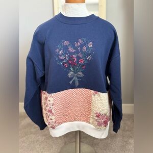 Upcycled Vintage Navy Floral Bouquet Quilt Patchwork Sweatshirt handmade